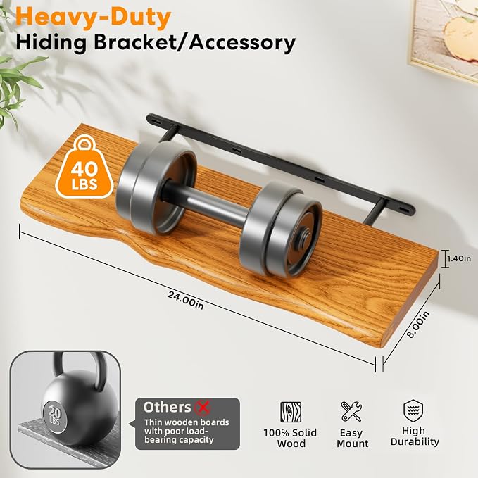 Solid Wood Live Edge Floating Shelves Set of 2 – 24" Rustic Wall Shelf with Hidden Bracket System, Wall Mounted Shelves for Bathroom, Kitchen, Living Room, Bedroom (Honey Walnut)