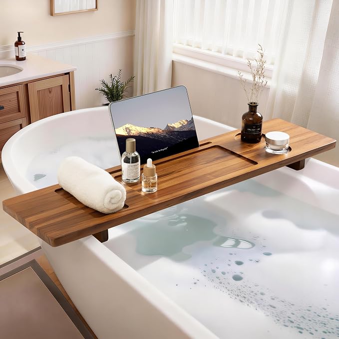 Teak Bathtub Tray - Wood Bath Caddy Tray 35" for Large Tubs - Adjustable Bathtub Table Trays - Luxury Shower Organizer for Home Spa Relaxation and Reading - Light Walnut Color