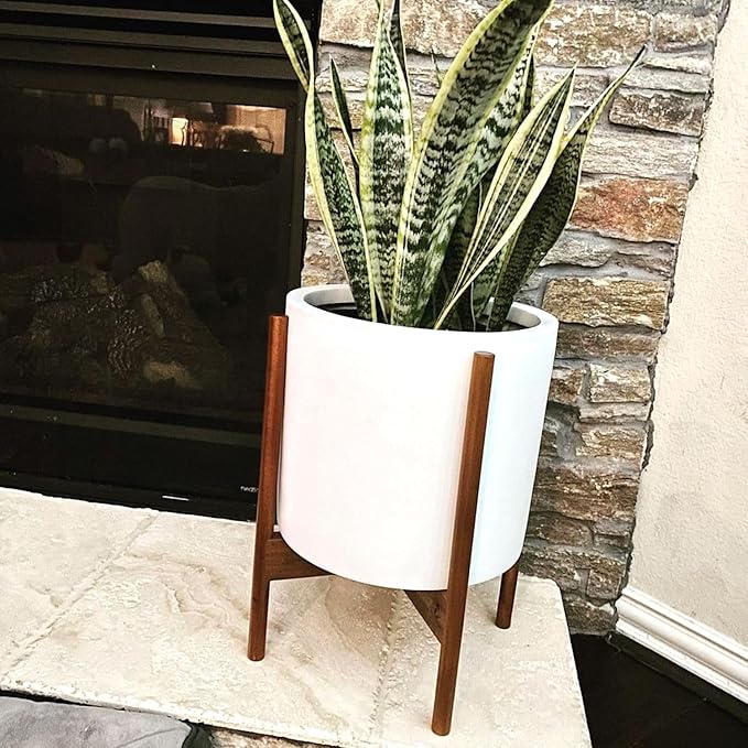 Fox & Fern Mid Century Plant Stand — 11.8 Inch Fixed Size Wooden Plant Stand for Indoor Planters (Not Included) - Large Flower Pot Holder for Indoor Big Pots - Plug In Design - Two Heights - Acacia