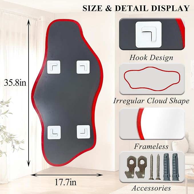 Irregular Frameless Mirror, 35.8"x17.7" Asymmetrical Tempered Glass Mirror, Modern Organic Shaped Wall Mirrors for Entryway Bedroom Living Room Bathroom, Horizontal or Vertical Hanging