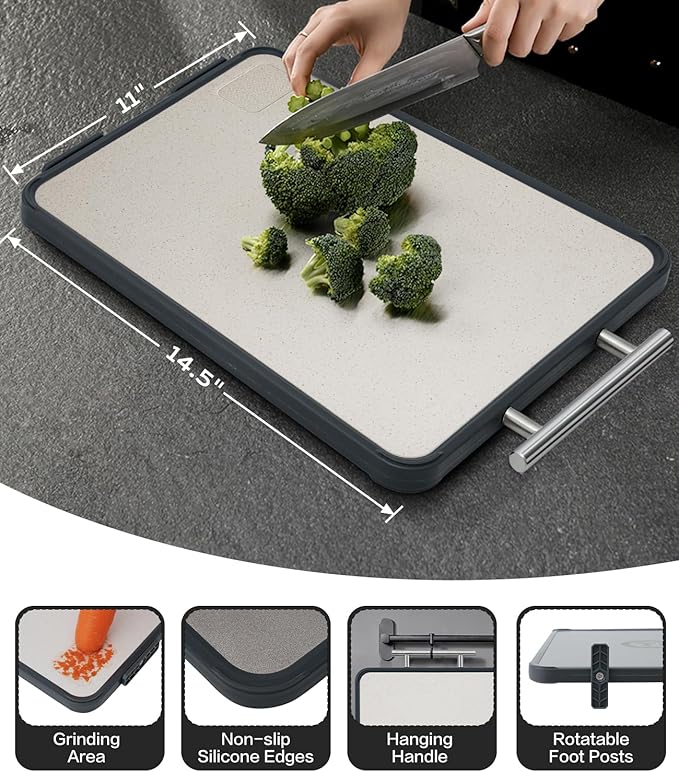 Titanium Cutting Board for Kitchen- Non Toxic Cutting Boards with Double Sided, Textured Food-Grade Pure Titanium Side for Chopping Meat, PP Side for Vegetables, Easy to Clean(14.5”×11”, 1 PC)