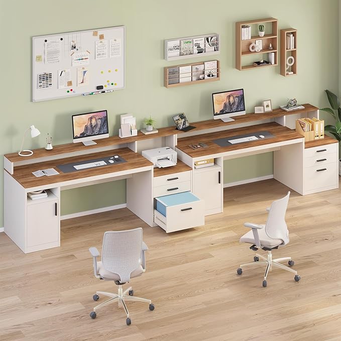 65 Inch Computer Desk with 3 Drawers & Storage Shelves, Executive Desk with File Drawer & Cabinet, Home Office Desk with Long Monitor Stand & Printer Shelf, Antique White