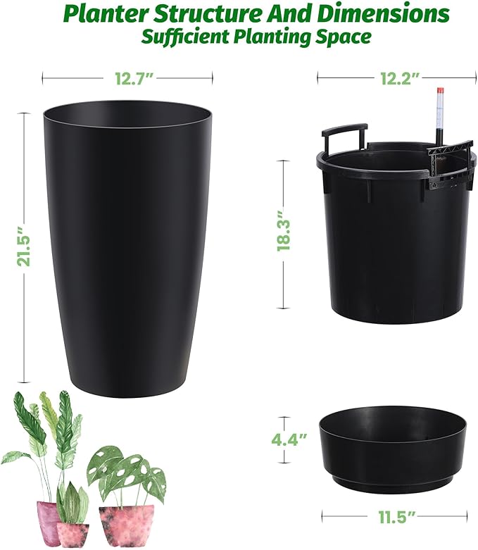 Tall Planters - Set of 2 Large 22 in Planters for Outdoor Indoor Plants, Water Level Monitor, Inner Bucket, Automatic Watering, Ideal for Porch Patio Backyard, Black