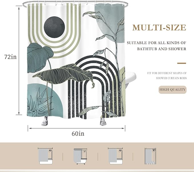 Glawry Green Teal Blue Abstract Shower Curtain Mid Century Boho Retro Tropical Palm Tree Leaves Sun Arch Modern Bathroom Geometric 60Wx72L Inches Bath Accessories Art Home Decor Fabric 12 Pack Hooks