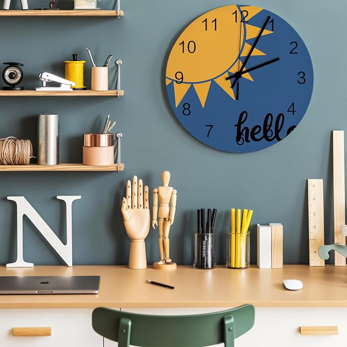Sunburst Rays Wall Clock Battery Operated Non-Ticking 12" Round Wood Clocks, Mustard Yellow Slate Blue Kitchen Wall Clock for School Bathroom Living Room Home Office Wall Decor