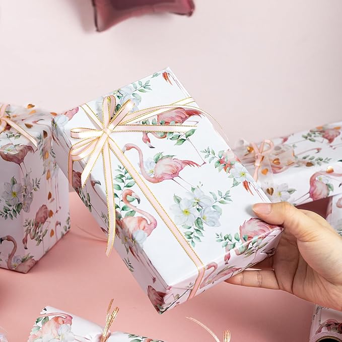 Burymento Reversible Pink Flamingo Plumeria Wrapping Paper Roll - Pink and white polka dot design on the other side, suitable for Valentine's Day, Birthday, Mother's Day, Wedding, Baby Shower