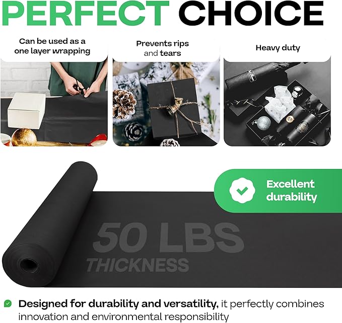 Black Paper Roll 24" x 1200" (100 feet) - USA-Made 50lb Thick Kraft Paper for Packing, Moving, Shipping, Wrapping, Crafts, Arts, Birthday Party - 100% Recycled Gift Wrap Material by IDL Packaging