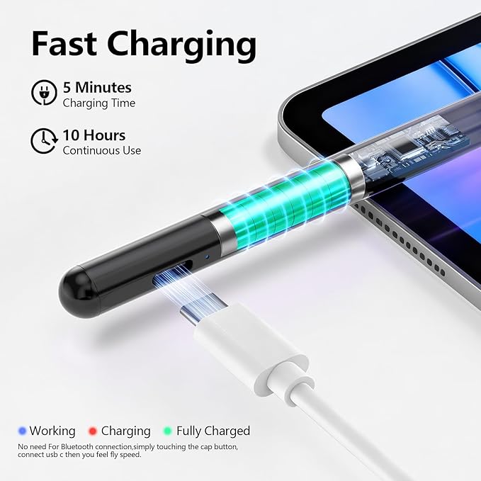 Stylus Pen 2X Fast Charge Active Pencil Compatible with 2018-2025 Apple iPad Pro 11"/12.9"/M4, iPad Air 3/4/5/M2/M3, iPad 6-11, iPad mini 5/6 Gen-Black