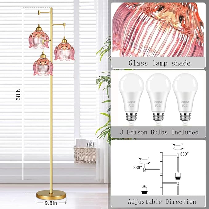 ILLMTW Glass Floor Lamp for Living Room,Bedroom,Gold Flower Mid Century Modern Standing Lamp Brass Tree 3 Light Tall Floor Lamps Vintage Floor Lights Pink Lamp Shade Farmhouse Boho Bohemian