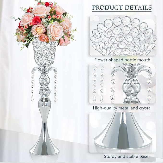 2Pcs Silver Crystal Metal Vase Set - Tulip & Trumpet Wedding Centerpieces, Artificial Flower Arrangement Vases for Home Decor, Restaurant Table Displays