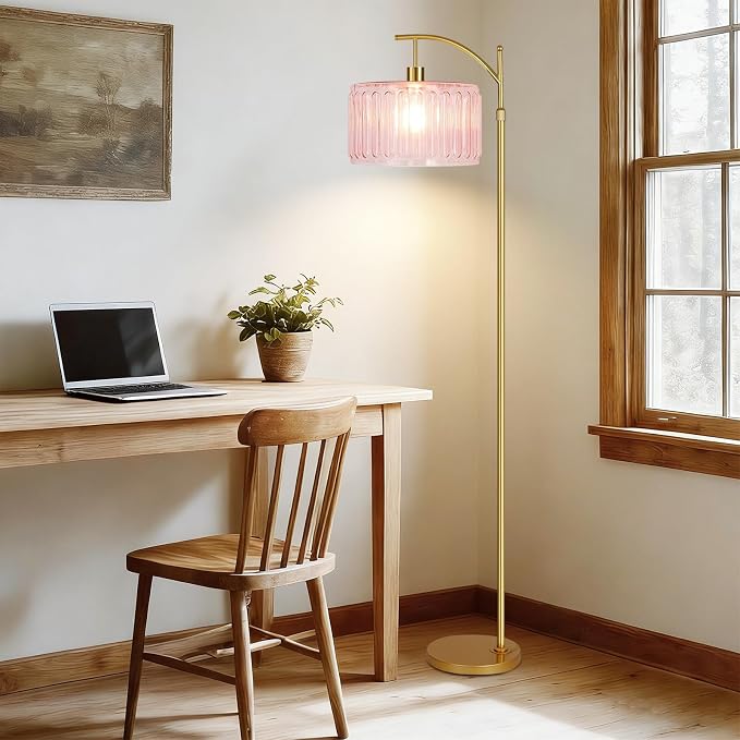 QIYIZM Pink Floor Lamp for Living Room,Bedroom,Gold Dimmable Standing Lamp with Remote,Mid Century Modern Brass Tall Lamp Boho Floor Lamps Arc Stained Glass Flower Floor Light Lamp Girls kids Bohemian