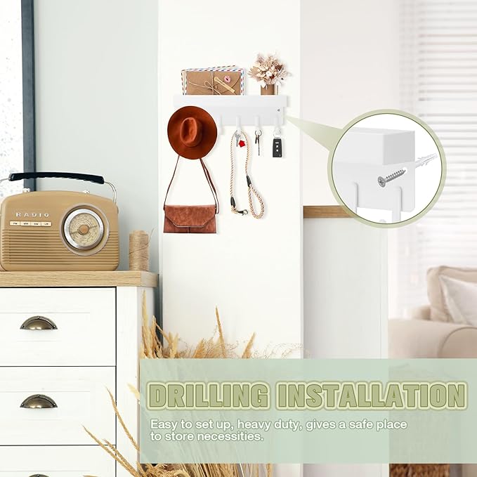 VIS'V Magnetic Key Holder Wall Mount, Compact Metal Key Rack with Tray, 6 Hooks, 2 Mount Options, White