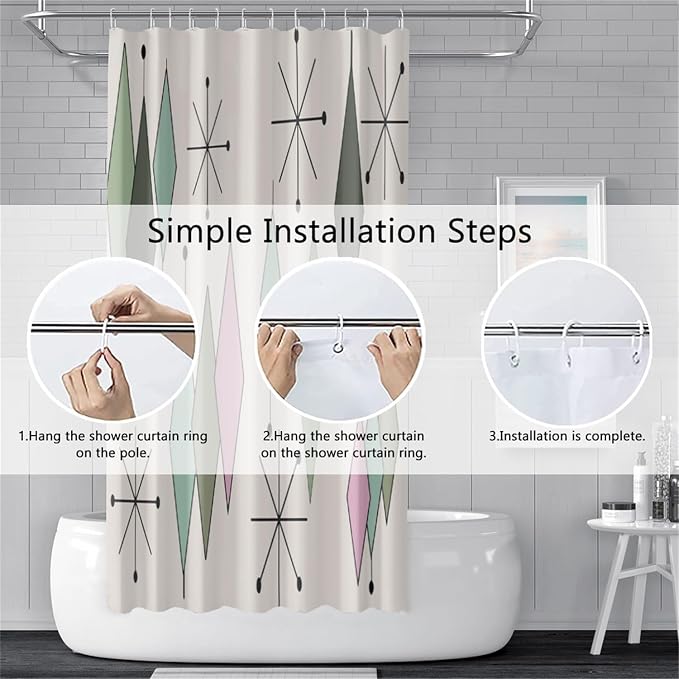 Mid Century Shower Curtain Modern Abstract Green Pink Diamond Geometric Atomic Starburst Pattern for 1950s Retro Bathroom Decor Accessories Shower Curtain Set with 12 Hooks, 60x72 Inches