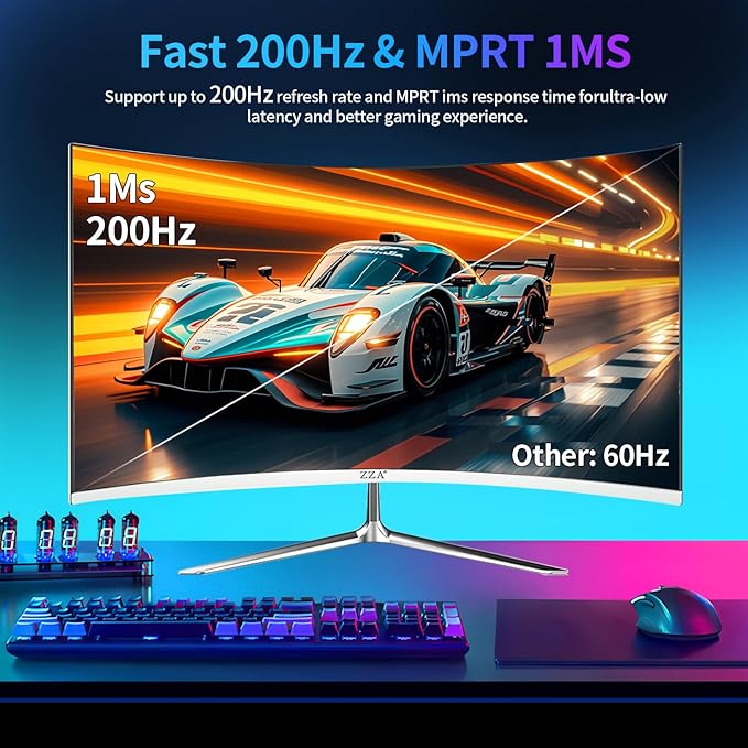 ZZA 27" Curved Gaming Monitor, Full HD(1920x1080P) VA Panel 1800R Computer Monitor,200HZ CP Screen,100% sRGB,3Sides Frameless, Flicker-Less,Blue Light Filter, for Office & Gaming