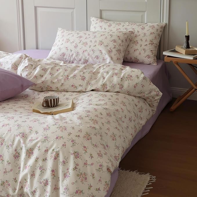 LifeTB Botanical Floral Comforter Set Twin XL Cute Garden Floral Bedding Comforter with 2 Pillowcases Soft Fluffy Pink Purple Flowers Comforter Vintage Style Botanical Comforter Set for Girls Women