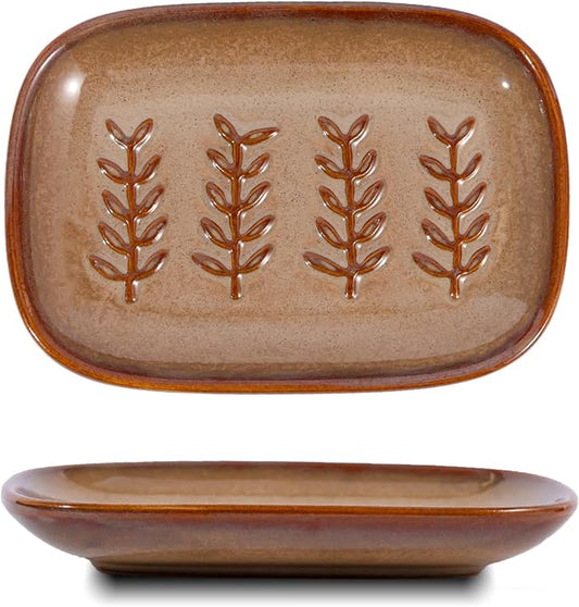 HighHerz Aesthetic Ceramic Soap Dish for Shower, Soap Holder with Raised Relief, Shower Soap Dish for Shampoo Bar Or Sponge, Soap Saver for Bathroom, Kitchen, Sink, Decorative Soap Tray (Brown)