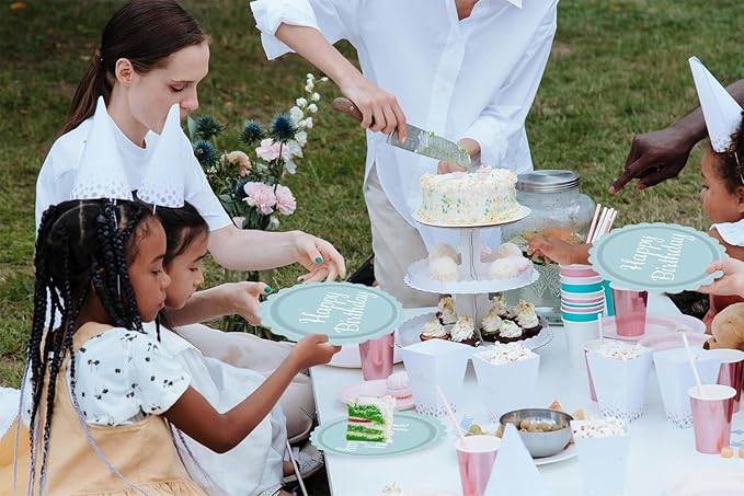 72PCS Light Blue Paper Plates Happy Birthday 7 Inch Scalloped Dessert Plate and Napkins Forks Disposable Cake Salad Fruit Decorative Party Tableware for Birthday Baby Shower Garden Party, Serve 24