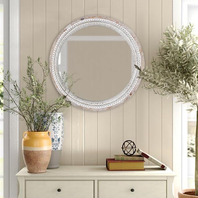24'' Round Wall Mounted Mirror, Wood Decorative Circle Mirrors, Boho Mirrors with Beaded Frame, Rustic Vanity Mirror, Distressed Mirror for Bathroom, Living Room, Bedroom, Entryway