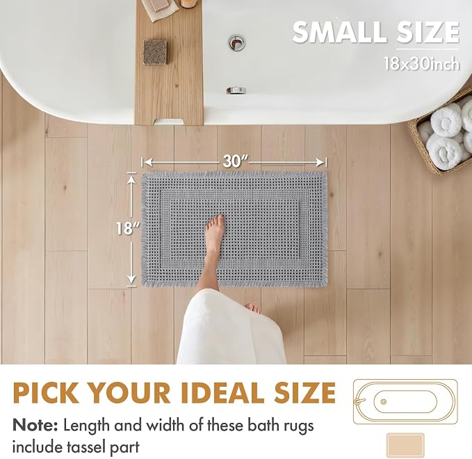 MIULEE Set of 2 Waffle Bathroom Rugs, Boho Bath Rug Super Absorbent, Non Slip Washable Ultra Soft Rubber Backed Shower Bath Mats for Floor, Tub, Shower, Looped Design, Light Grey, 18x30 Inch