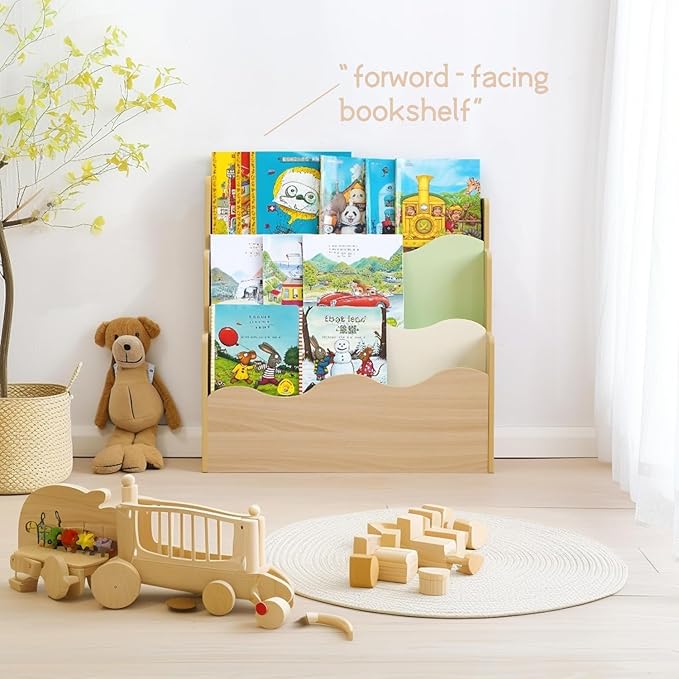 Kids Bookshelf Montessori Shelf for Toddlers, Front-Facing Book Organizer for Children, Pastel Nursery Floor Bookshelf, Wave Design Reading Corner Display Rack