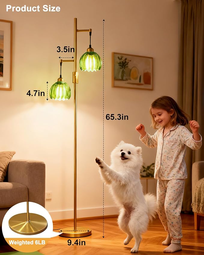Lightdot 2-Light Glass Floor Lamp for Living Room, Dimmable Gold Floor Lamps with Green Glass Shade& Bulb Included, Modern Standing Tall Lamp with 5Lbs Heavy Base for Bedroom/Sofa Beside/Corner Decor