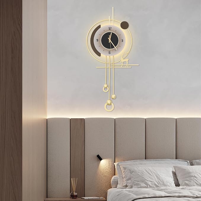 Wall Clock for Living Room, Large Gold Wall Clock with LED Light, Modern Decor Silent Non-Ticking Metal Clock for Living Room, Kitchen, Dining Room, Bedroom, Battery Operated, 15.35 * 31.5in