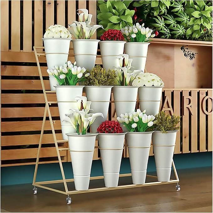 Flower Display Stand, 3 Layers Heavy Duty Moving Plant Cart Shelf With Wheels and Bucket, Wrought Iron Florist Shelf, for Patio Garden, Living Room, Outdoor Flower Pop-Up Events (Golden Iron Frame)