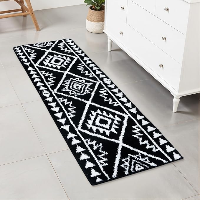 Uphome Black Long Bathroom Rug Boho Tribal Bathroom Runner Western Non-Slip Washable Bath Mat Fluffy Soft Absorbent Farmhouse Aztec Floor Carpet for Kitchen Hallway Bedroom, 20x60 inch
