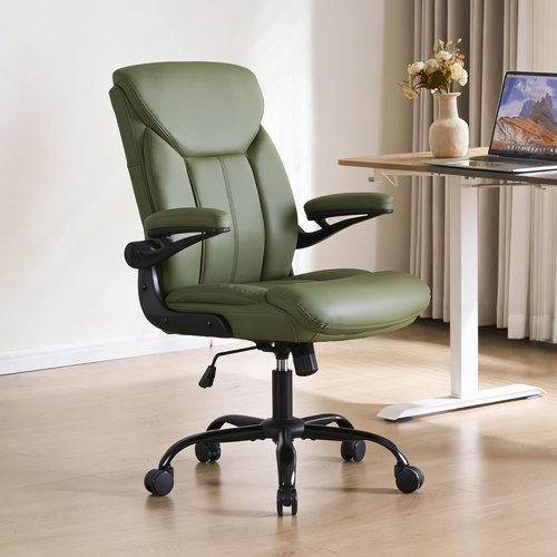 Comfy Ergonomic Desk Chair by Home Office | Adjustable Leather Executive Chair with Flip-Up Armrests & 360° Swivel (Green)