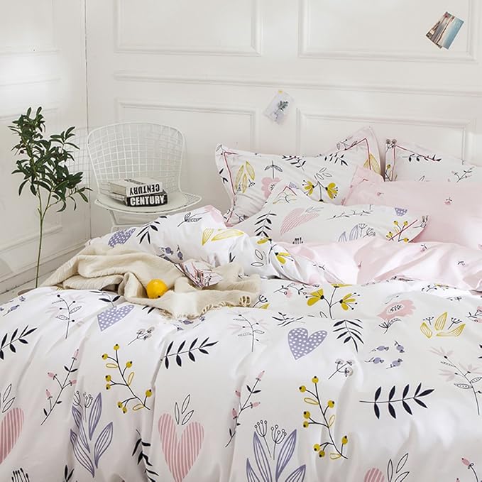 Girls Floral Duvet Cover King Boho White Pink Floral Bedding Sets Cotton Aesthetic Floral Comforter Cover Chic Flower Branches Bedding Sets Garden Style Pink Floral King Duvet Cover with 2 Pillowcases
