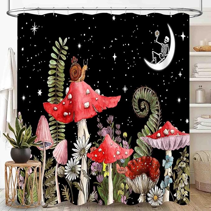 Mushroom Shower Curtain, Wild Floral Botanical Mushroom Moon Gothic Cottagecore Nature Plants Herbs Black Vintage Rustic Waterproof Fabric Bathroom Shower Curtain Set with Hooks, 72"x84" Inch