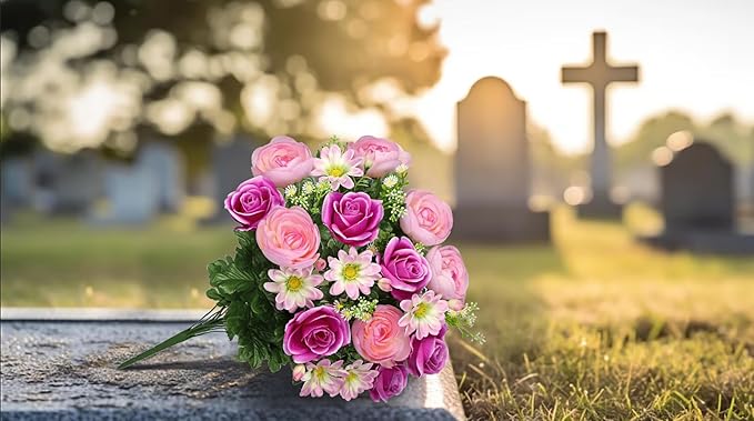 Hollyone Set of 2 Artificial Cemetery Flowers for Grave Memorial Flowers for Cemetery Outdoor Grave Decorations Silk Flower Arrangements Purple Rose Pink Ranunculus Gerbera Floral Flowers Bouquets