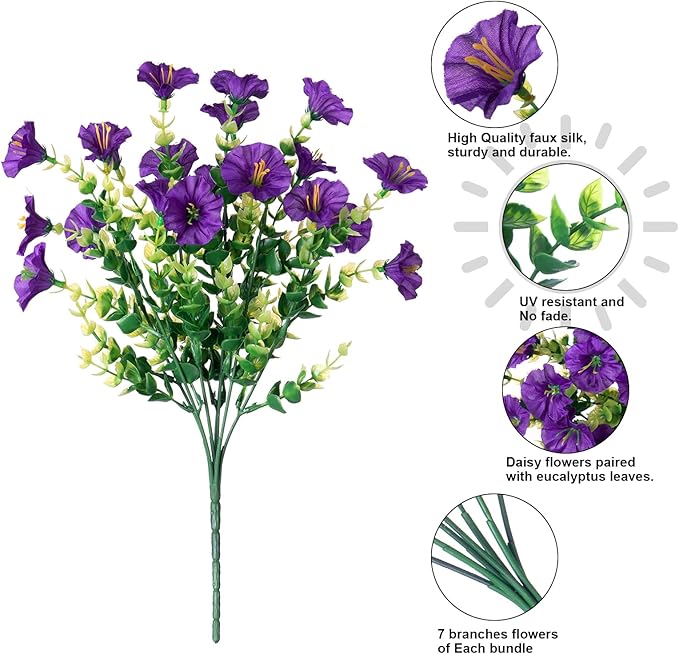 HyeFlora Artificial Flowers for Outdoors Fake Plants Outside Decoration, 12 Bundles Silk Colorful Morning Glory with Eucalyptus UV Resistant Realistic Faux Flowers for Planter Porch Patio Yard Garden