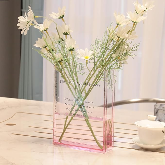 Book Vase for Flowers Home Décor,Artistic and Cultural Flavor Decorative Acrylic Clear Vase for Home and Office,Creative Gifts for Book Lovers (Pink)