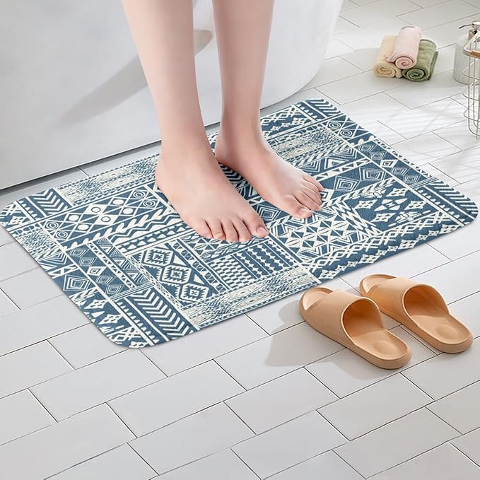 Feelyou Boho Bath Rugs 16"x24" Bohemian Aztec Bathroom Rugs Blue Traditional Exotic Tribal Bath Mats for Bathroom Women Men Girls Boys Soft Non Slip Boho Bathroom Accessoriess