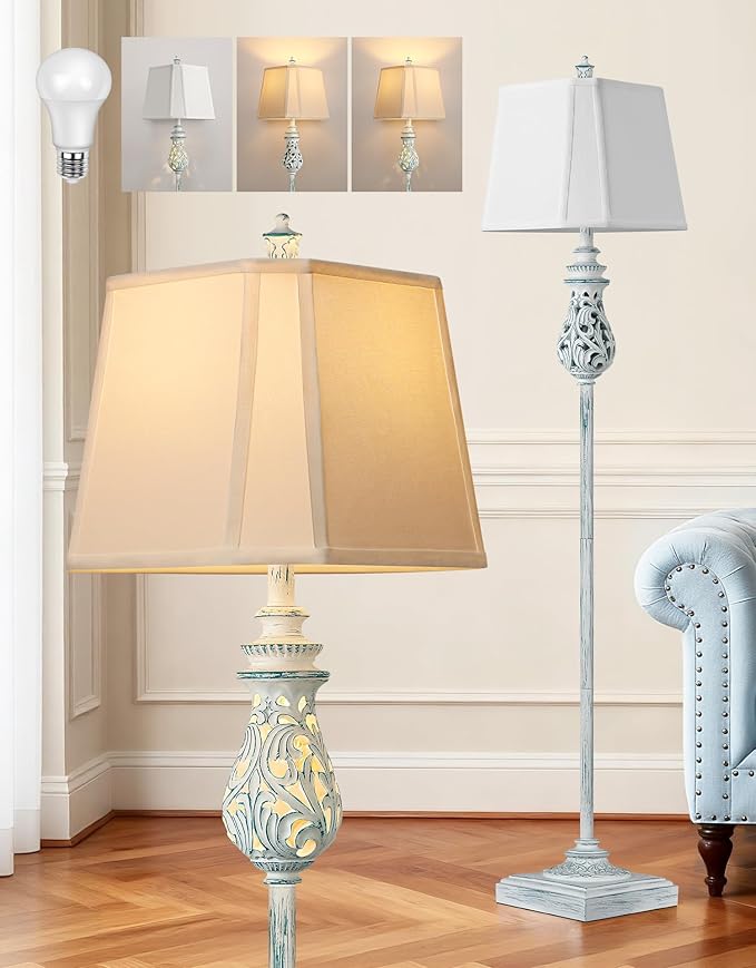 64'' Vintage Floor Lamp with Nightlight, Rustic Farmhouse Tall Standing Lamp with Rotary Switch and White Linen Shade for Living Room, Corner, Bedroom, House Decor, Wash Blue (Bulb Included)