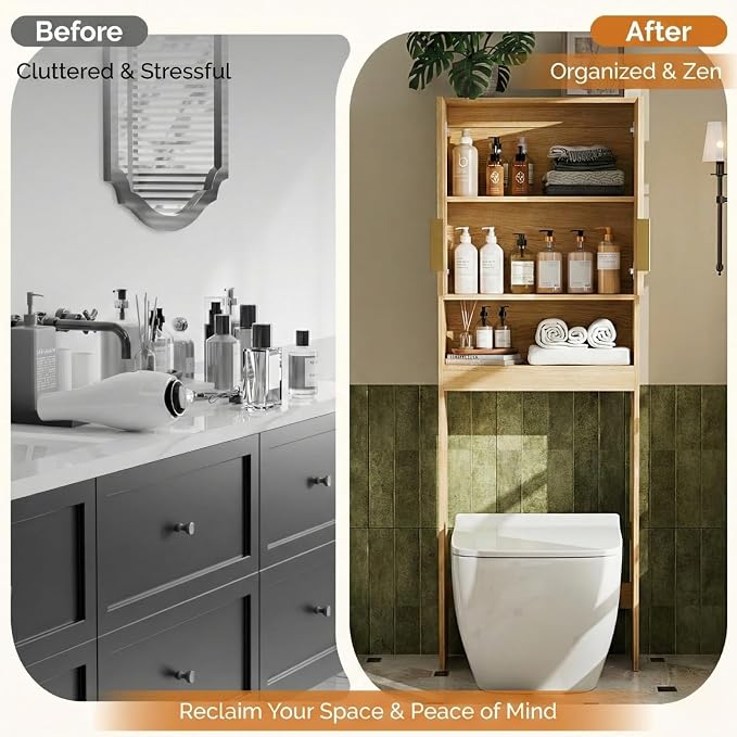 VINGLI Over The Toilet Storage Cabinet with Fluted Doors, Mid Century Modern Bathroom Organizer Over Toilet, Freestanding Wooden Space Saver Stand with Adjustable Shelves, Natural Oak
