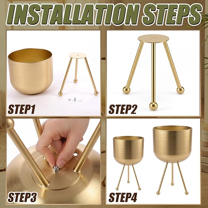 Frienda 2 Pack Mid Century Modern Decor Mid Century Modern Planter Metal Flowerpot with Stands Stylish Floor-Standing Flowerpot for Boho Home Office Indoor Outdoor Decor 20", 18" h (Gold)