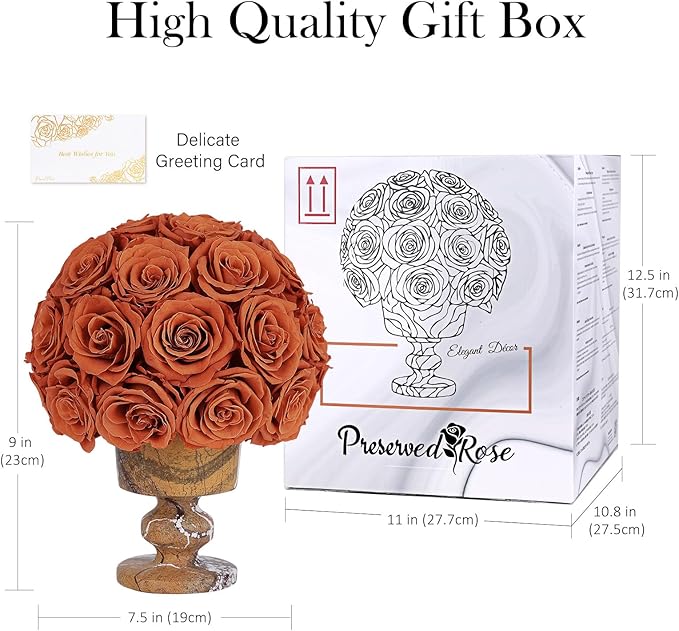 Forever Flowers Preserved Roses in Marble Vase, Fall Flower for Delivery, Eternal Roses Autumn Gift for Women, Table Centerpiece Flowers for Home Decor Party Living Room Bedroom Vintage Orange