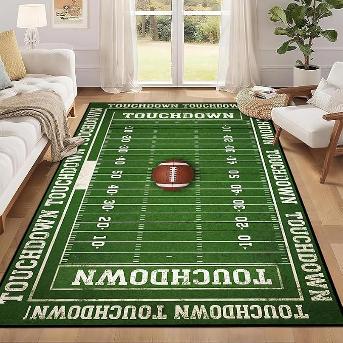 6'x9' Football Field Area Rug Sports Themed Carpet for Nursery Bedroom Playroom Classroom Living Room Home Decor Non Slip Washable Game Room Play Mat