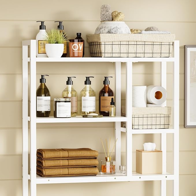 Asgolion Over The Toilet Storage Rack, 3-Tier Bathroom Organizer Over Toilet, Wooden Above Toilet Storage Shelf, Space Saver, Freestanding Bathroom Storage Metal Shelf, Easy to Assemble, White