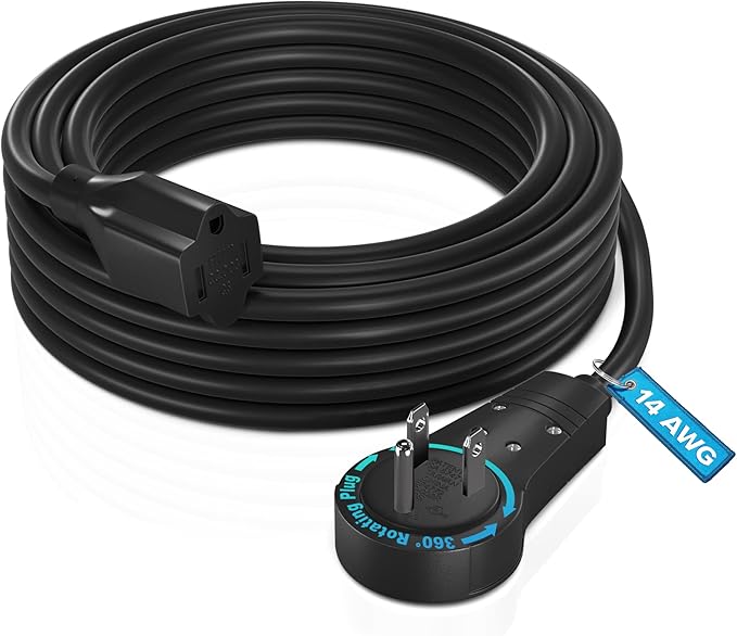 Maximm Extension Cord 15 Feet – 360° Rotating Flat Plug, 3-Prong Grounded Power Cable – UL Certified, 13A 125V, Heavy Duty 14AWG Wire – Ideal for Tight Spaces Behind Furniture – Black