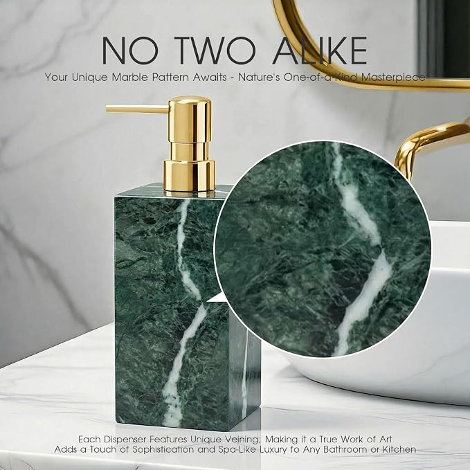 Real Natural Marble Soap Dispenser with Stainless Steel Pump Decorative Liquid Hand Soap Bottle for Kitchen Bathroom, Compatible with Lotion, Dish Soap Shower Gel (Green 1 Set)