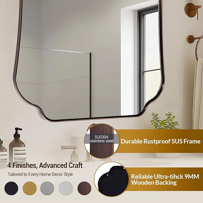 ANDY STAR Bronze Bathroom Mirror 24x36 Inches, Rustic Scalloped Wall Mirror with Distinctive Notched Edge, Decorative Accent Mirror for Bathroom, Entryway or Living Room