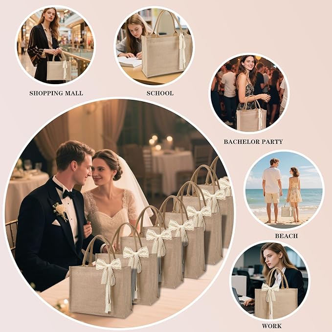 12pcs Burlap Tote Bag Set with Handles, Waterproof Reusable Blank Water Resistant Grocery Bags with Ribbon Large Jute Tote 15.35*6*12 Inch for Women Bridesmaid Gift Beach Shopping Wedding Travel DIY
