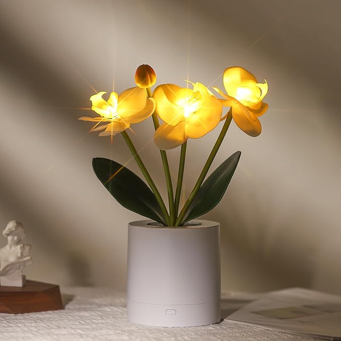 WSYEAR Flower Lamp Christmas Gifts for Her Women Wife Artificial Orchid Flower 3 Branches in White Pot, Realistic Fake Butterfly Orchid Bonsai for Living Room Decor