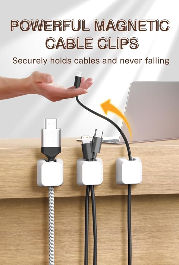 Maveek Magnetic Cable Clips, 5 Pack Square Cord Organizer with Magnets and Metal Plates, Silicone Cable Holders for USB C, HDMI, Ethernet, Charging Cords – Desk, Wall, Office & Car Use (White)