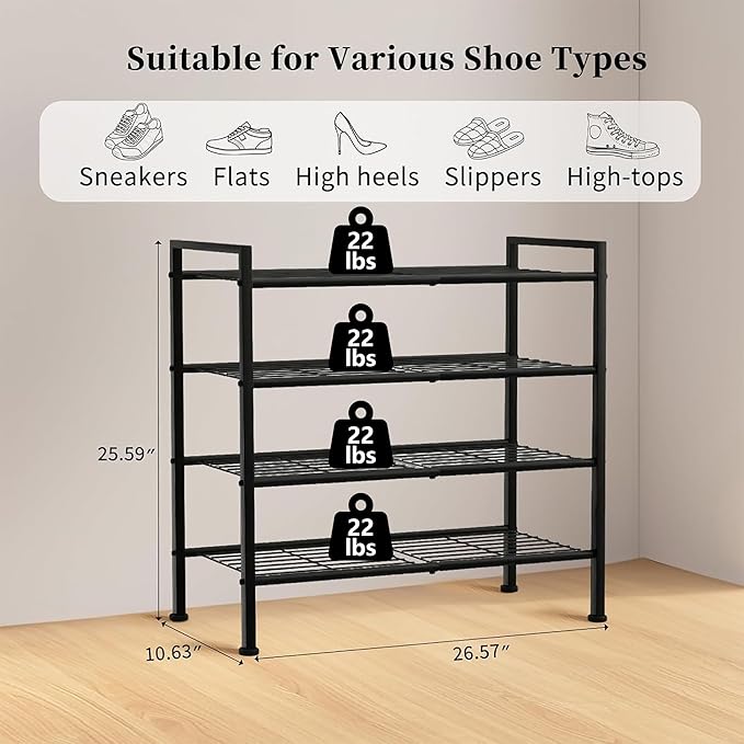 DongRong 4-Tier Shoe Rack,Metal Simple Shoe Storage Organizer Shelf for Closet,Entryway, Bedroom,Garage (Black, 4 Tier)