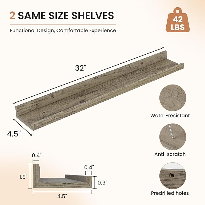Dreamland Picture Ledge Shelf for Wall, Floating Shelves Set of 2,32 inch Long Floating Shelves with Lip for Living Room,Bedroom,Bathroom,Kitchen,Grey