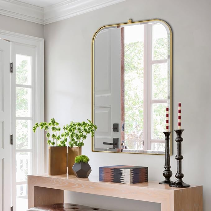 POZINO Brushed Gold Beveled Mirror, 24"x38" Arched Vanity Mirror Over Sink, Rounded Rectangle Mirrors with Stainless Steel Frame, Brass Oblong Mirrors for Bathroom Bedroom Living Room Entryway